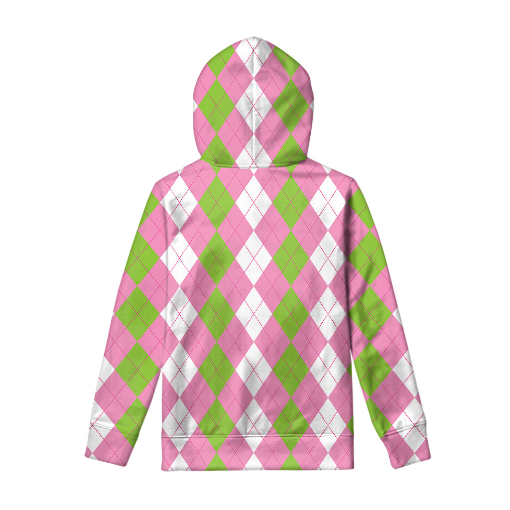 Green Pink And White Argyle Print Pullover Hoodie