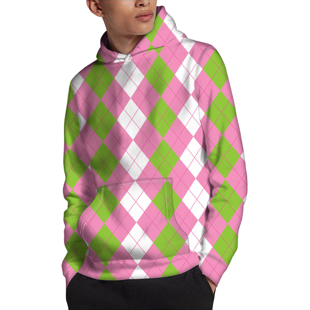 Green Pink And White Argyle Print Pullover Hoodie