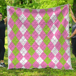 Green Pink And White Argyle Print Quilt