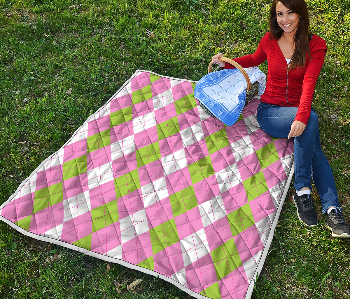 Green Pink And White Argyle Print Quilt