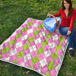 Green Pink And White Argyle Print Quilt