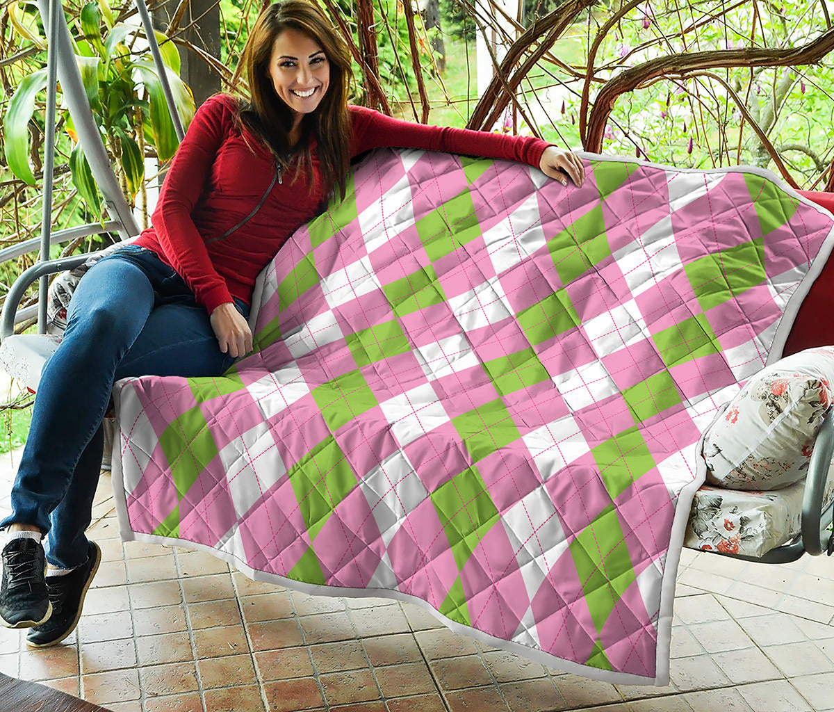Green Pink And White Argyle Print Quilt
