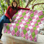 Green Pink And White Argyle Print Quilt