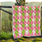 Green Pink And White Argyle Print Quilt
