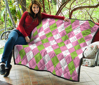 Green Pink And White Argyle Print Quilt