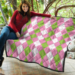 Green Pink And White Argyle Print Quilt