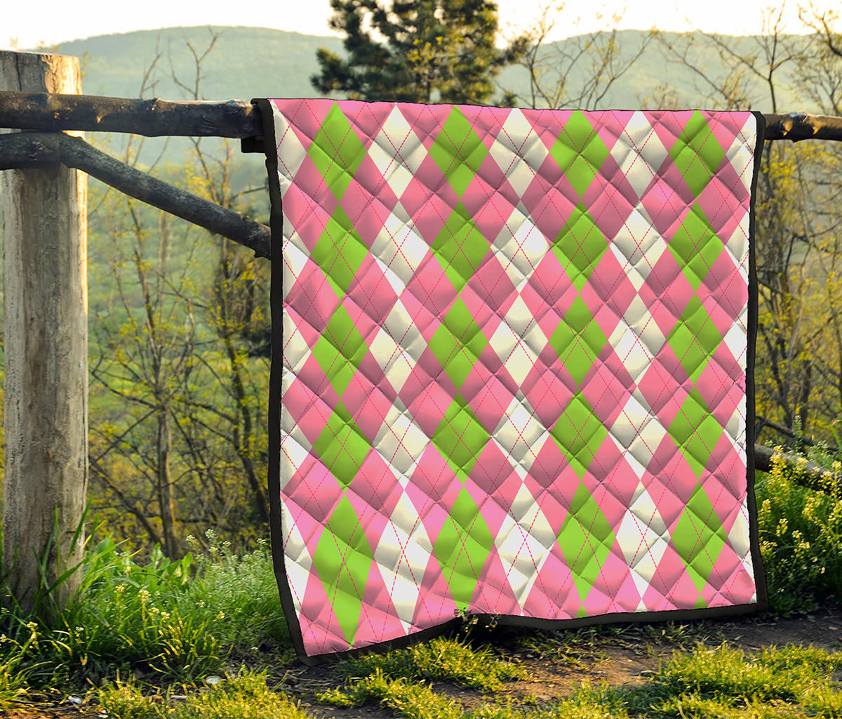 Green Pink And White Argyle Print Quilt