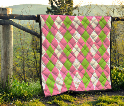 Green Pink And White Argyle Print Quilt