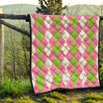 Green Pink And White Argyle Print Quilt