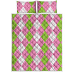 Green Pink And White Argyle Print Quilt Bed Set