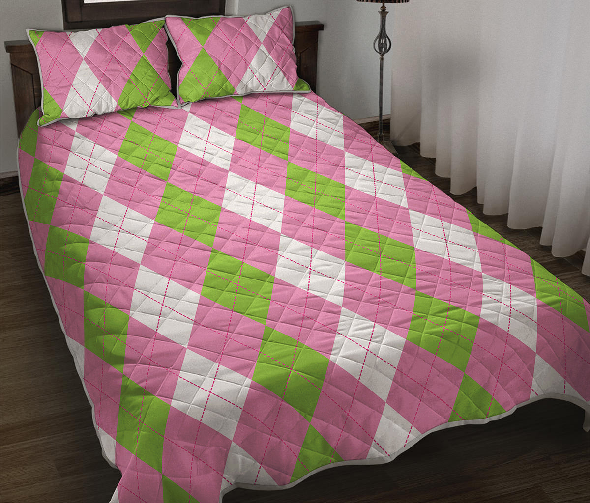 Green Pink And White Argyle Print Quilt Bed Set