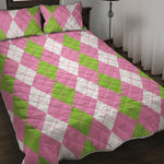 Green Pink And White Argyle Print Quilt Bed Set