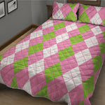 Green Pink And White Argyle Print Quilt Bed Set
