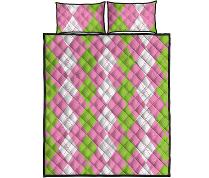 Green Pink And White Argyle Print Quilt Bed Set