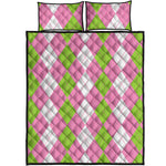 Green Pink And White Argyle Print Quilt Bed Set
