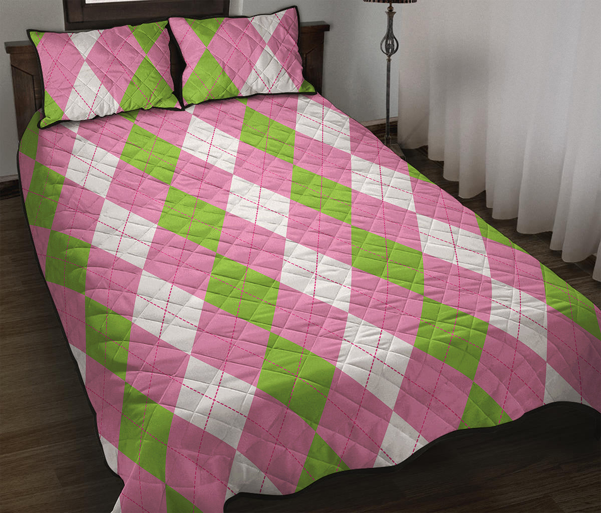 Green Pink And White Argyle Print Quilt Bed Set
