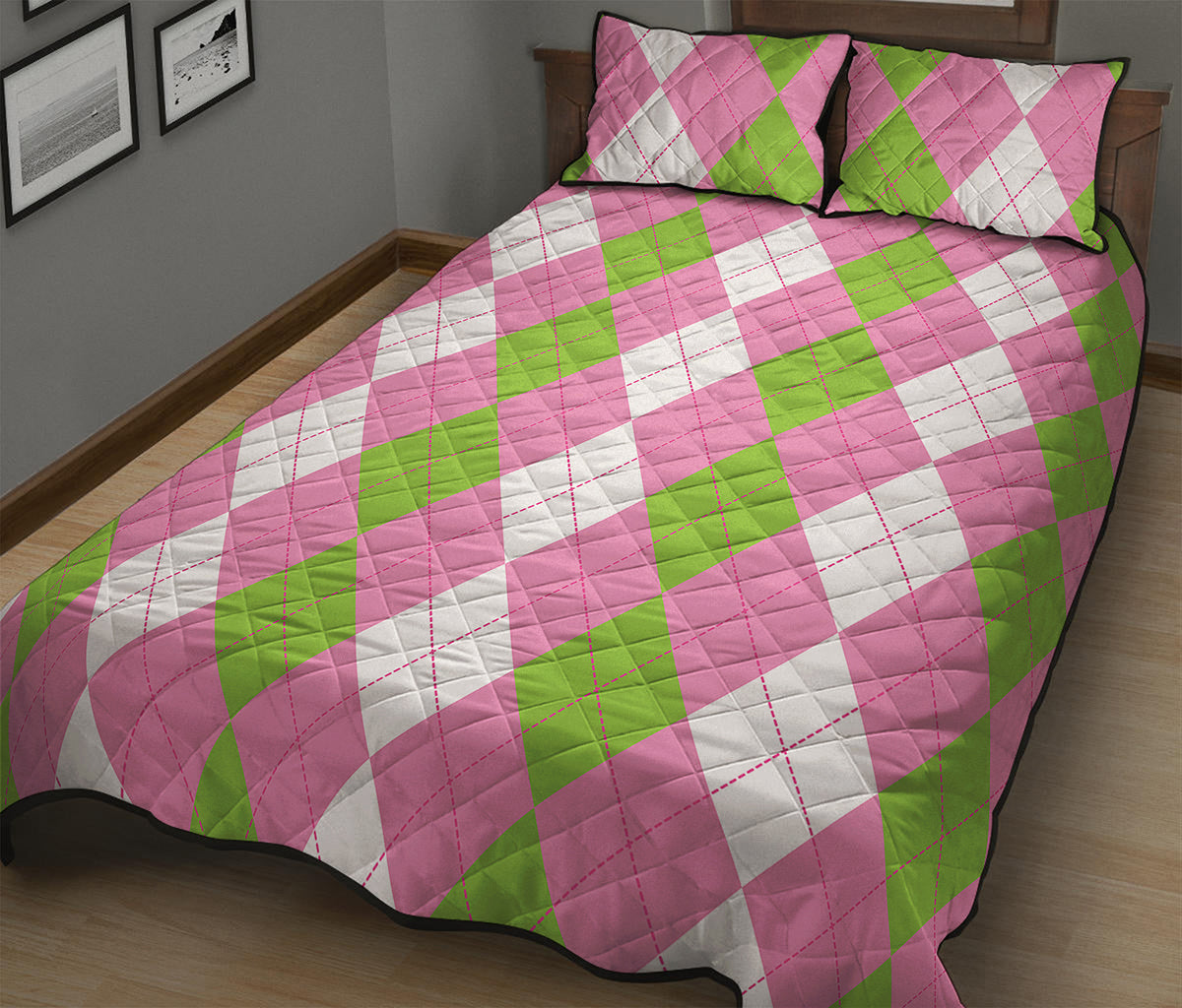 Green Pink And White Argyle Print Quilt Bed Set