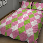 Green Pink And White Argyle Print Quilt Bed Set