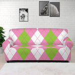 Green Pink And White Argyle Print Sofa Cover