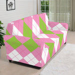 Green Pink And White Argyle Print Sofa Cover