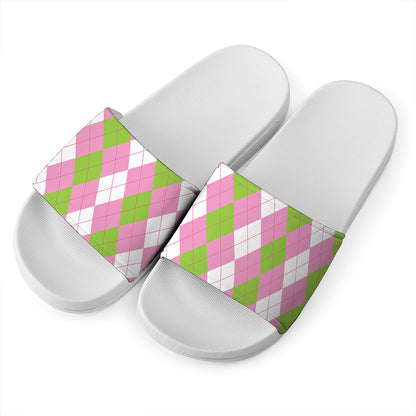 Green Pink And White Argyle Print White Slide Sandals