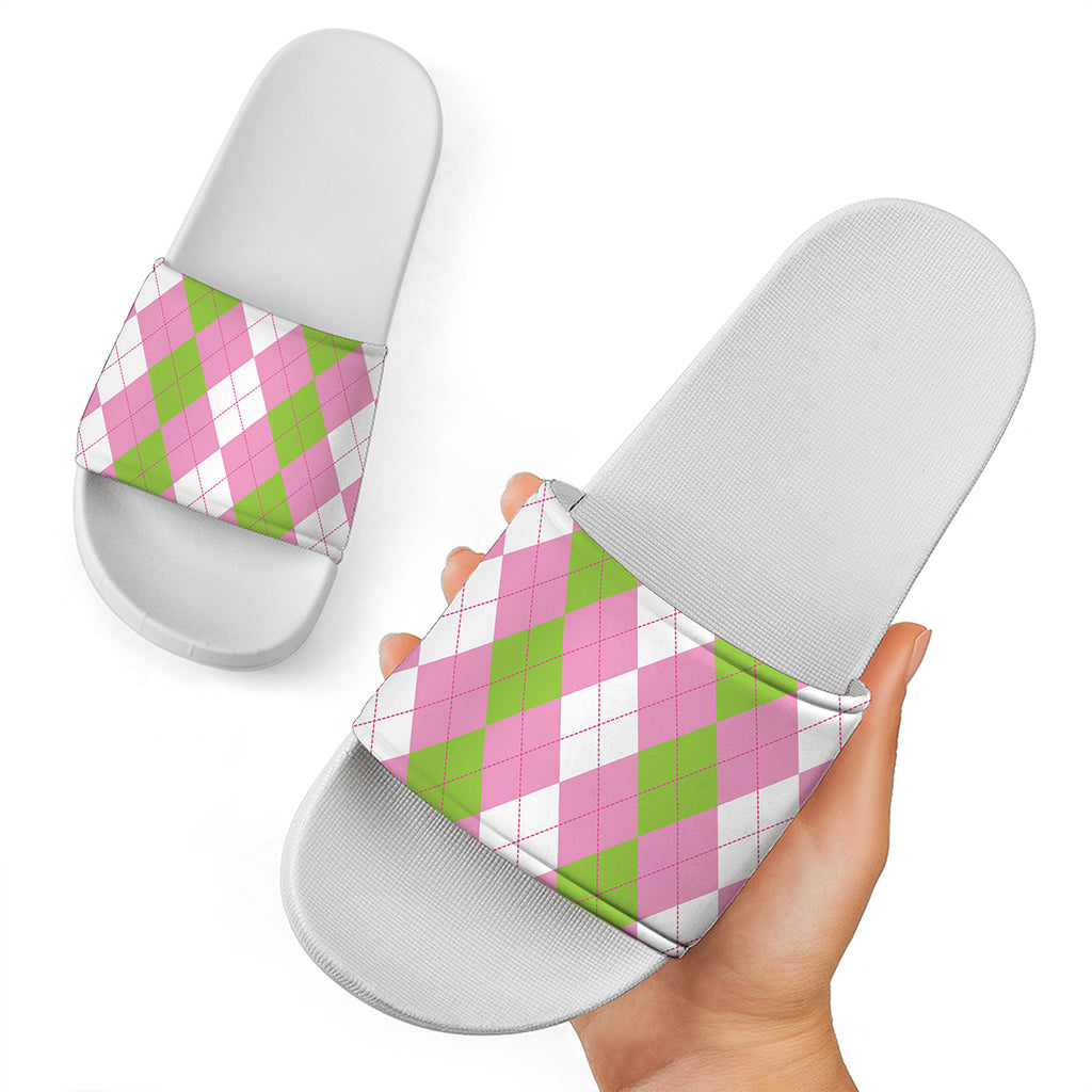Green Pink And White Argyle Print White Slide Sandals