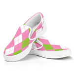 Green Pink And White Argyle Print White Slip On Shoes