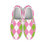 Green Pink And White Argyle Print White Slip On Shoes