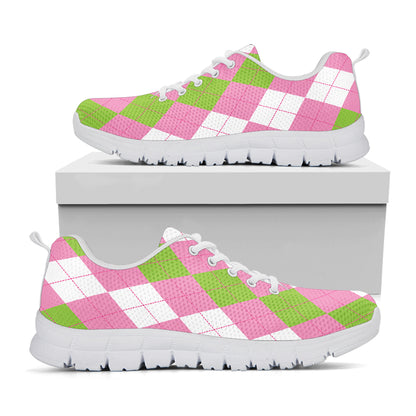 Green Pink And White Argyle Print White Sneakers