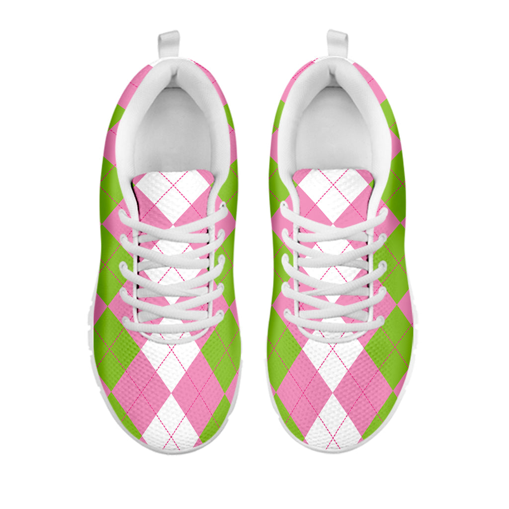 Green Pink And White Argyle Print White Sneakers