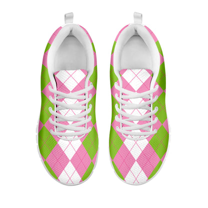 Green Pink And White Argyle Print White Sneakers