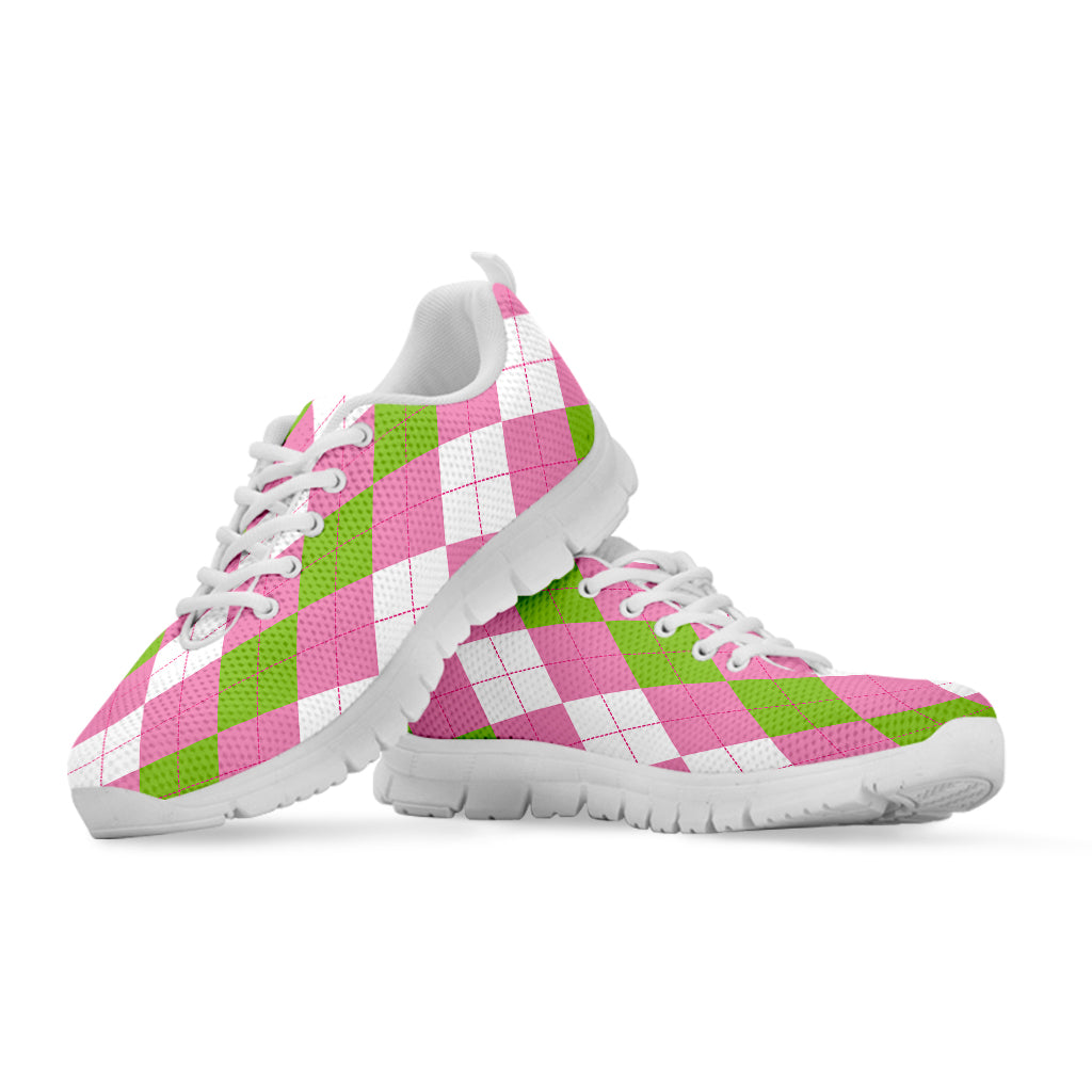 Green Pink And White Argyle Print White Sneakers
