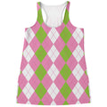 Green Pink And White Argyle Print Women's Racerback Tank Top