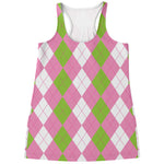 Green Pink And White Argyle Print Women's Racerback Tank Top