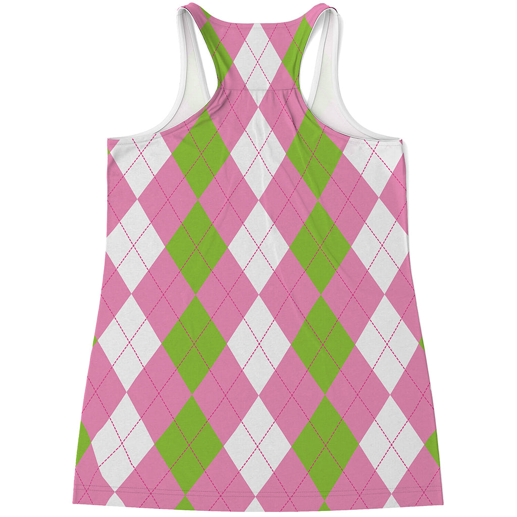 Green Pink And White Argyle Print Women's Racerback Tank Top