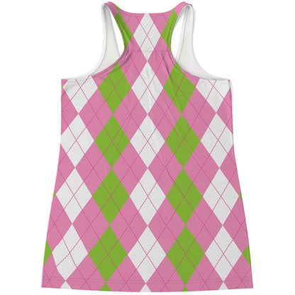Green Pink And White Argyle Print Women's Racerback Tank Top