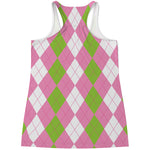 Green Pink And White Argyle Print Women's Racerback Tank Top