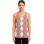 Green Pink And White Argyle Print Women's Racerback Tank Top