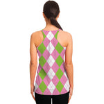 Green Pink And White Argyle Print Women's Racerback Tank Top