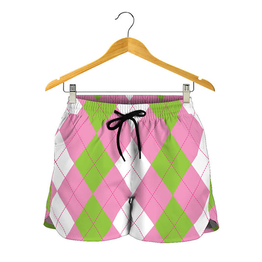 Green Pink And White Argyle Print Women's Shorts