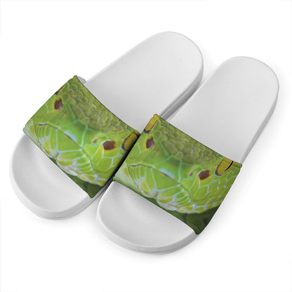 Green Pit Viper Print White Slide Sandals