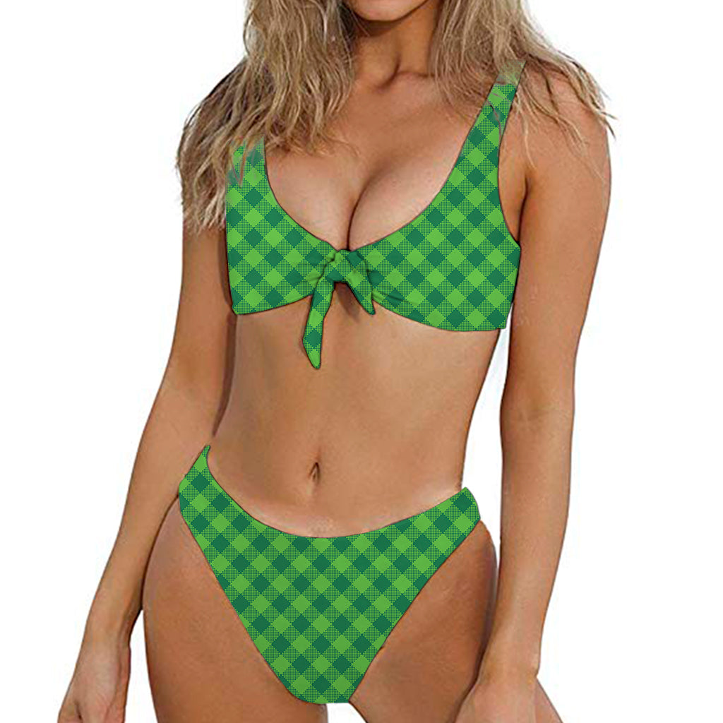 Green Plaid Saint Patrick's Day Print Front Bow Tie Bikini