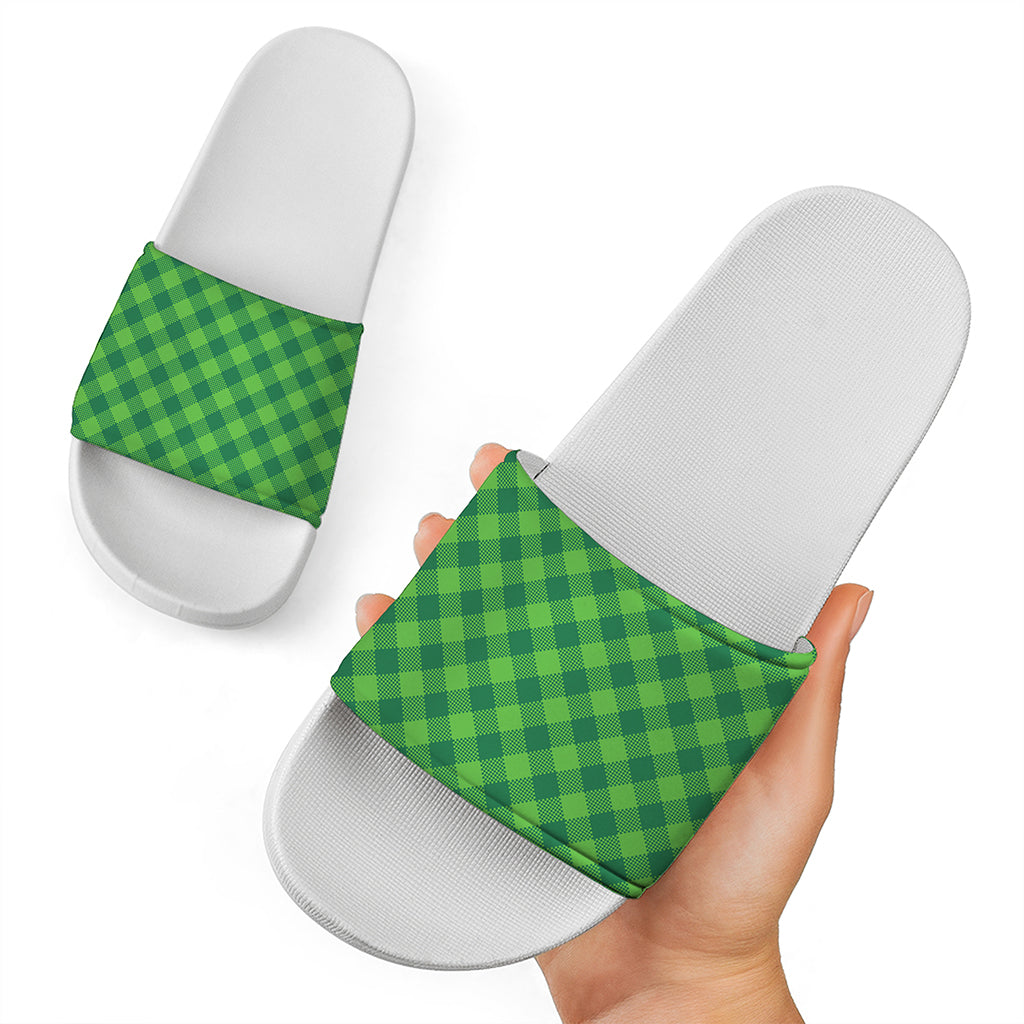 Green Plaid Saint Patrick's Day Print White Slide Sandals
