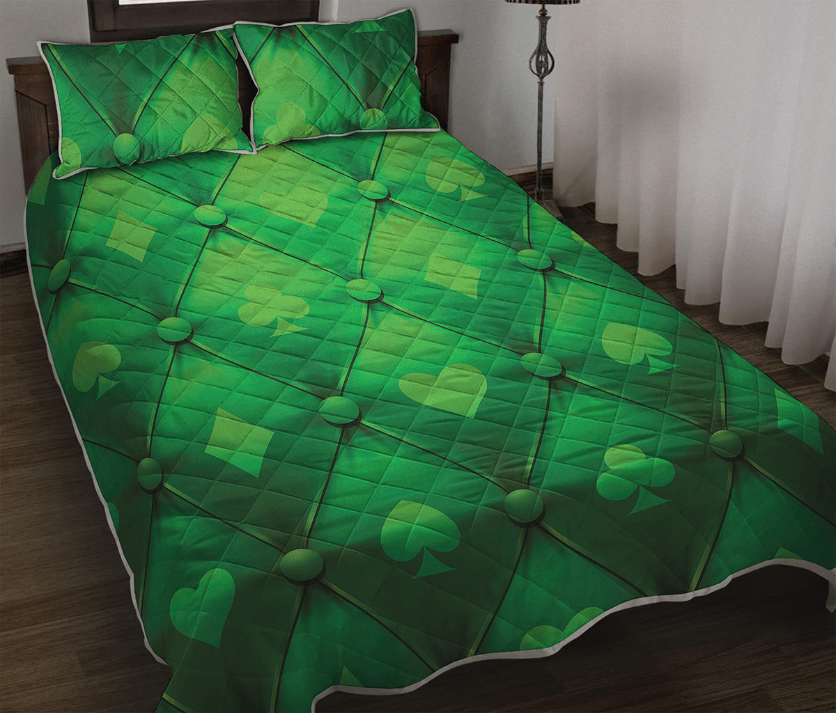 Green Playing Card Suits Pattern Print Quilt Bed Set