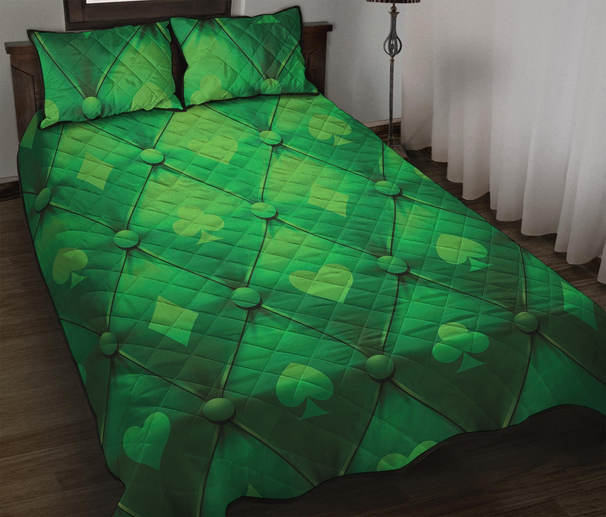 Green Playing Card Suits Pattern Print Quilt Bed Set