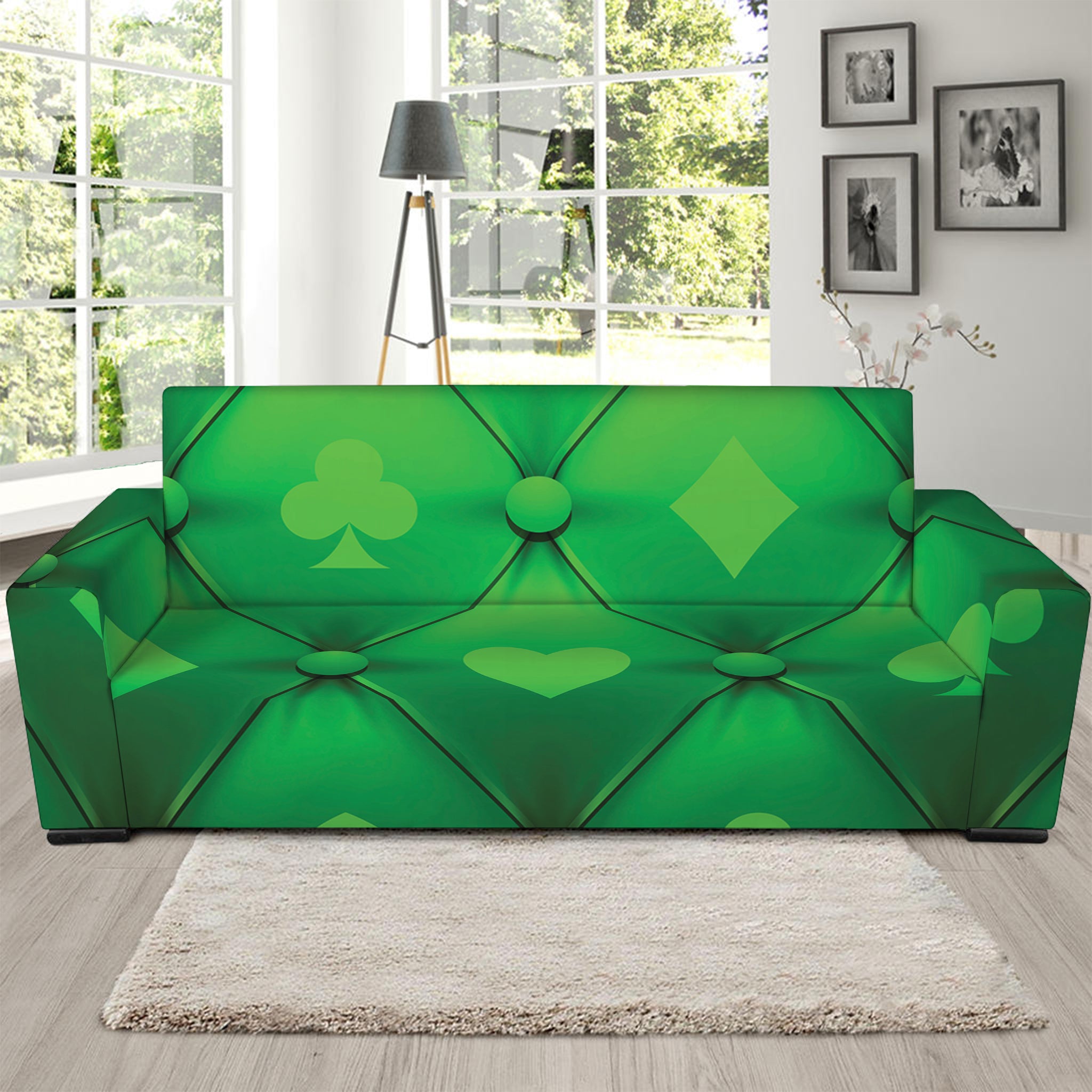 Green Playing Card Suits Pattern Print Sofa Slipcover