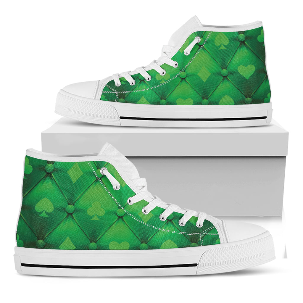 Green Playing Card Suits Pattern Print White High Top Shoes