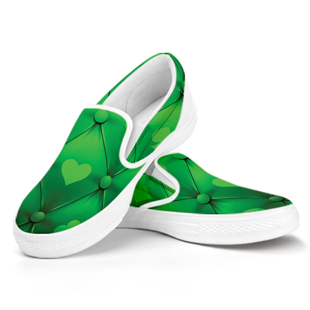 Green Playing Card Suits Pattern Print White Slip On Shoes