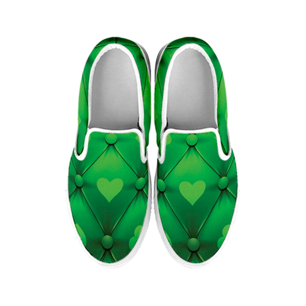 Green Playing Card Suits Pattern Print White Slip On Shoes