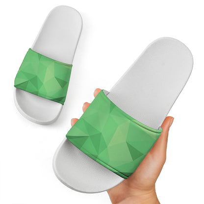 Green Polygonal Geometric Print White Slide Sandals